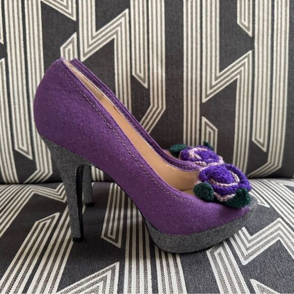 Primadonna Vera Pelle Purple Felt Wool Crochet Floral Peep Toe Pumps Size 10 - Picture 4 of 16